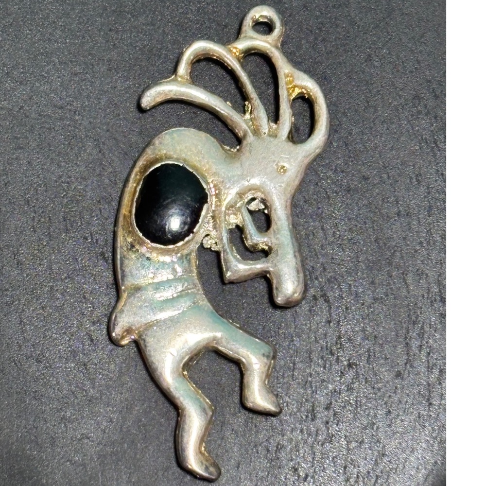 Kokopelli Pendant Unisex OS Black Onyx Silver Tone Tested Dancing